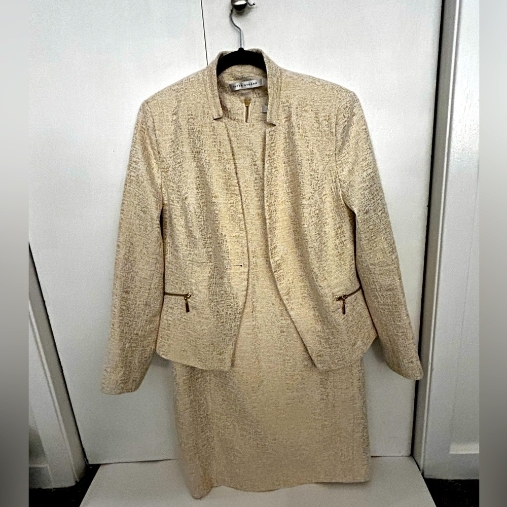 The Peter Nygard ivory and metallic gold cotton blend blazer and skirt suit set